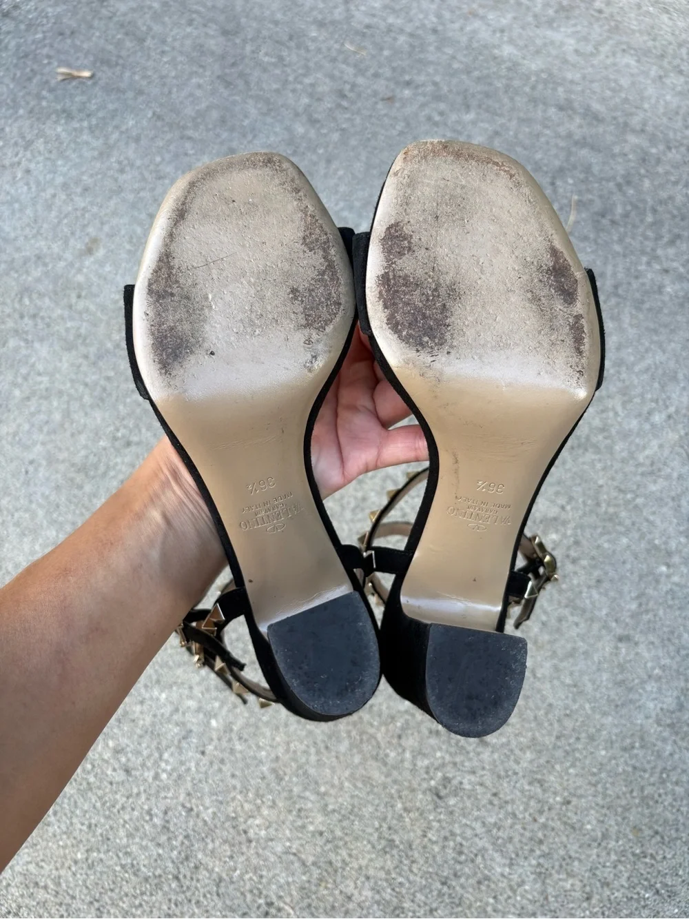 Valentino Rockstud black suede double ankle strap block heel sandal 36.5